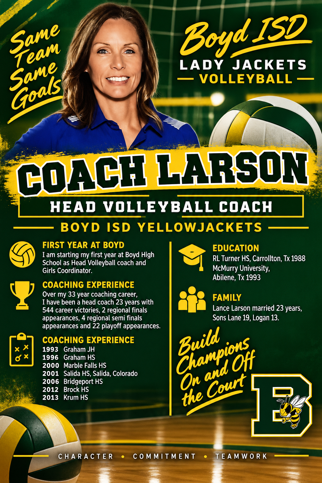 A promotional graphic for Boyd ISD Lady Jackets Volleyball featuring Head Volleyball Coach Larson.